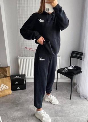 Костюм спортивный черный флис в стиле puma теплый