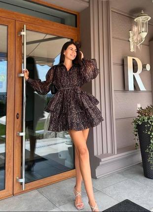 Платье в стиле d&g леопардовое с поясом пышное коричневое