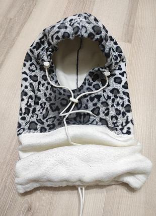 Теплая флисовая шапка труба, шапка балаклава снежный леопард