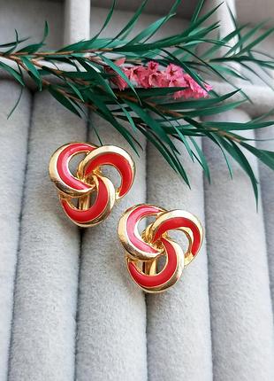 Вінтажні кліпси, червона емаль, завитки, вінтаж