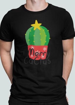 Чоловіча новорічна футболка з принтом merry cactus новорічний