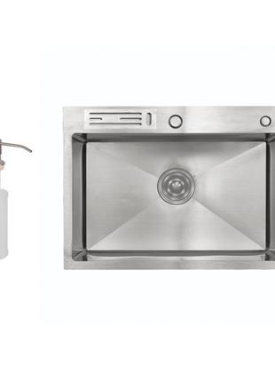 Мийка для кухні інтегрована з полицею для ножів lidz handmade h6045k (ldh6045kbru43023) brushed steel