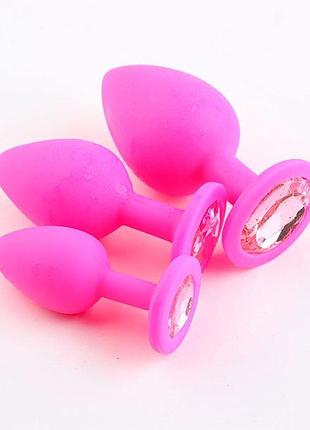 Набор силиконовых анальных пробок с кристаллом - розовый - 3шт. (s/m/l) – анальные игрушки