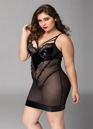 Пеньюар короткий черный l/xl  с элементами латекса. прозрачное сексуальное короткое платье женское .