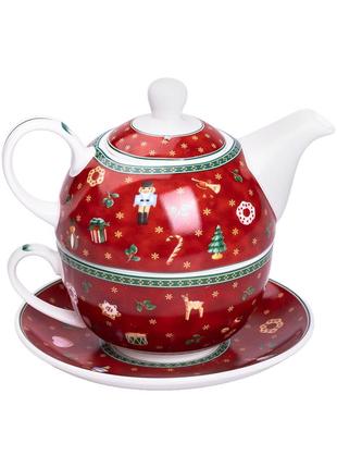 Порцеляновий чайник для заварювання 500 мл і чашка з блюдцем 300 мл подарунковий набір новорічний посуд