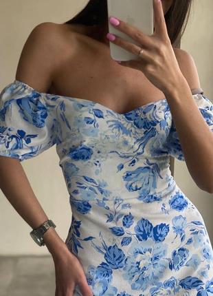 Ніжна лляна принтована сукня міні з відкритою спиною на шнурівці плаття з льону в квітку2 фото