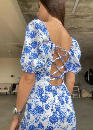 Ніжна лляна принтована сукня міні з відкритою спиною на шнурівці плаття з льону в квітку5 фото