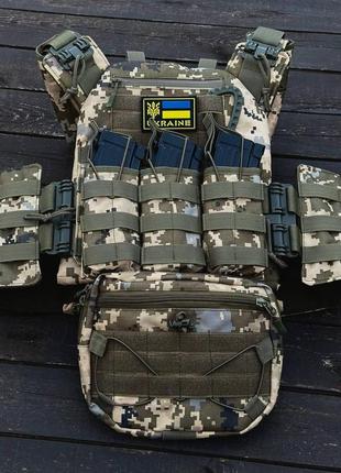 Плитоноска з системою швидкого скидання, тройний підсумок під магазини + напашник, піксель
