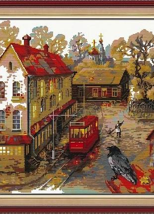 Набор для вышивания по нанесённой на канву схеме "streetcar platform in the rain".aida 11ct printed , 59*59 см
