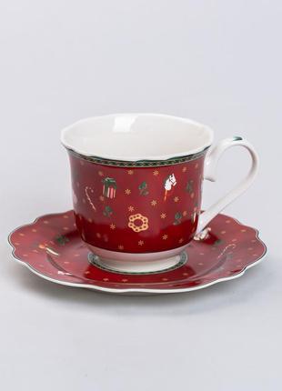 Чашка новогодняя для кофе и чая 300 (мл) с блюдцем красивая кружка в подарок ø 9 (см) рождественская посуда