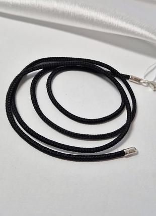 Шнурок на шию 60 см застібка срібло 925 проби шнур шовковий чорного кольору товщина 2 мм 6010/2