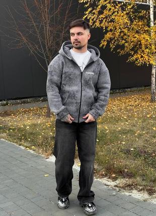 Чоловічий теплий сірий худі на флісі з принтом та капюшоном модна оверсайз толстовка для хлопця