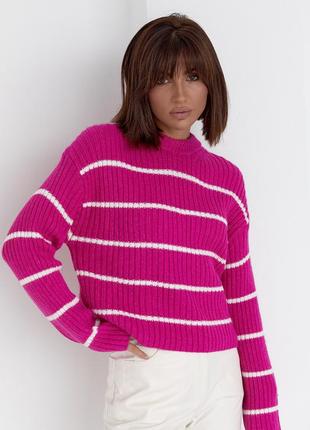 Женский вязаный свитер оверсайз в полоску - фуксия цвет, l (есть размеры)