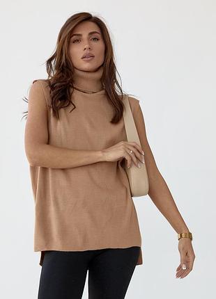 Вязаная безрукавка женская с высоким воротником цвет кофейный размер s fl_000098