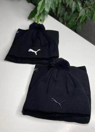 Комплект мужская зимняя шапка+баф puma kort на флисе черная с помпоном теплая пума универсал с балабоном 54-603 фото