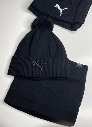 Комплект мужская зимняя шапка+баф puma kort на флисе черная с помпоном теплая пума универсал с балабоном 54-604 фото