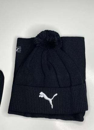 Комплект мужская зимняя шапка+баф puma kort на флисе черная с помпоном теплая пума универсал с балабоном 54-606 фото