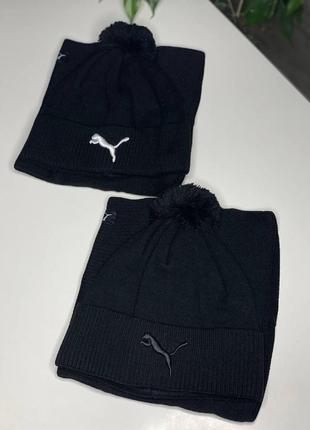 Комплект мужская зимняя шапка+баф puma kort на флисе черная с помпоном теплая пума универсал с балабоном 54-607 фото