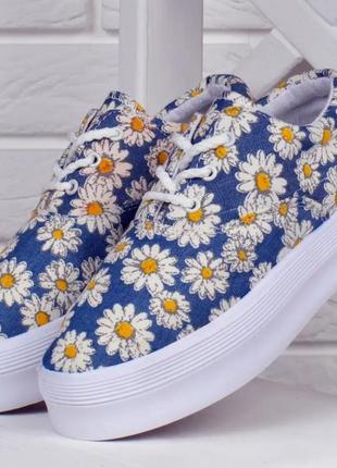 Кеды женские на платформе джинсовые в ромашках summer style