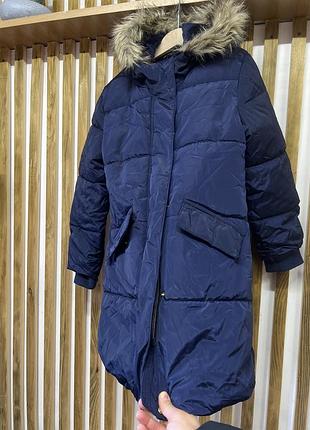 Куртка пуховик пальто синяя john lewis 7-8-9 лет синяя зимняя деми тепла на резинках рукава с капюшоном куртка