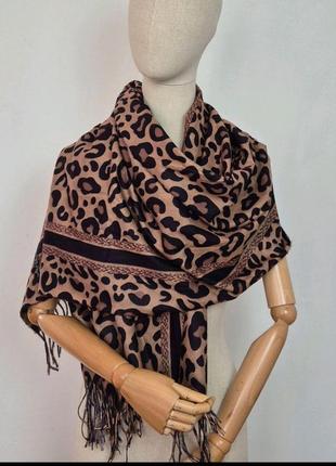 Шарф кашемировый женский теплый зимний леопардовый коричневый