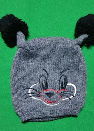 Детская шапка с помпонами зайчик, обхват головы 41 см. + тянется хорошо.