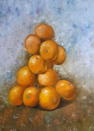 Картина мандарины, масло, холст,50х40 см, фрукты. натюрмор, на подарок