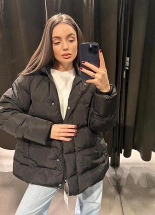 Куртка чорна стьобана пуховик з капюшоном oversize xs s m l zara 6318/221