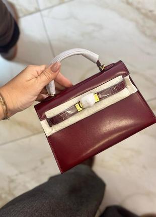 Бордовая сумка гладкая кожа в стиле hermes kelly mini