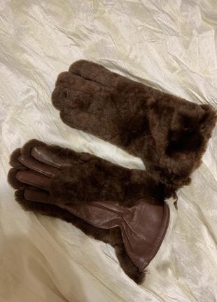 Очень теплые винтажные зимние варежки натуральная кожа и мех