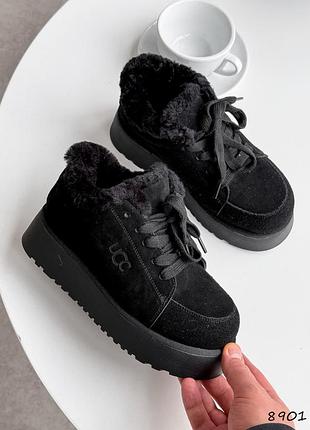 Распродажа натуральные замшевые зимние черные ботинки на высокой подошве 38р.