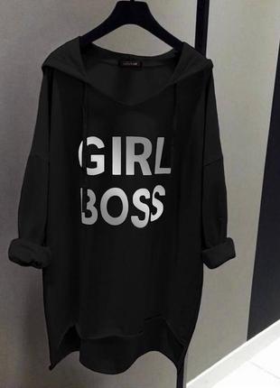 Туника оверсайз удлиненная с принтом надписью спереди girl boss худи зеленая белая розовая черная спортивная платье с капюшоном трендовое стильное