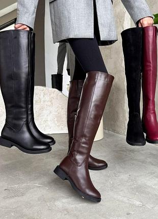 Ботфорти з натуральної шкіри та замші жіночі на низькому ходу шоколад бургунді чорні