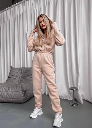 🌈4! шикарный теплый бежевый комбинезон на флисе беж жэнский с капюшоном брючный удобный флис флисе флис
