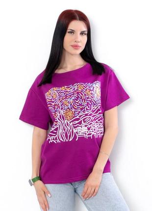 4 кольори 🌈 стильная футболка оверсайз, бежевая футболка с принтом, хлопковая футболка женская, модная футболка оверсайз, фиолетовая футболка женская