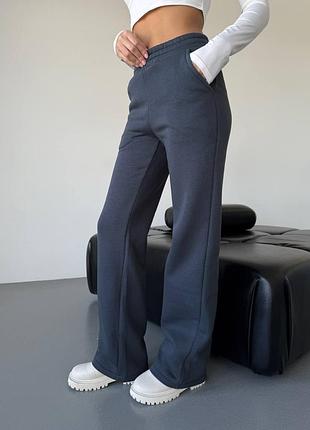 Штани палаццо жіночі теплі на флісі вільного крою на високій посадці з кишенями якісні стильні повсякденні графіт чорні