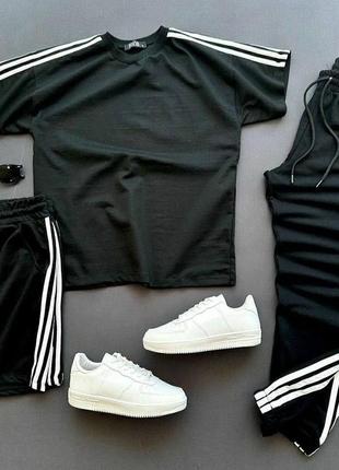 Чоловічий спортивний костюм трійка адідас adidas футболка вільна шорти штани на манжетах комплект чорний сірий трендовий стильний2 фото
