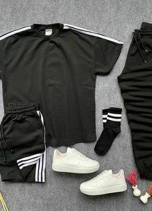 Чоловічий спортивний костюм трійка адідас adidas футболка вільна шорти штани на манжетах комплект чорний сірий трендовий стильний3 фото