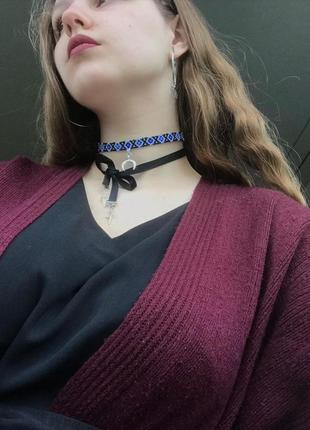 Тонкий стрічковий гердан з лунницею і блакитним орнаментом прикраса на шию2 фото