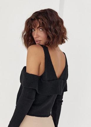 Вязаный пуловер на пуговицах с открытыми плечами - черный цвет, l (есть размеры)2 фото