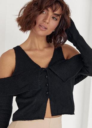 Вязаный пуловер на пуговицах с открытыми плечами - черный цвет, l (есть размеры)7 фото