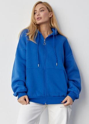 Тепле жіноче худі на блискавці з капюшоном — синій колір, l (є розміри)