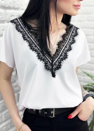 Женская блузка с кружевами с короткими рукавами глубоким v-образным вырезом3 фото