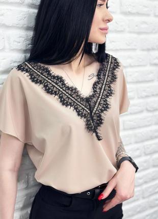 Женская блузка с кружевами с короткими рукавами глубоким v-образным вырезом5 фото