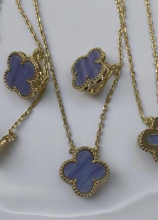 Комплект серьги и подвеска с голубым клевером и медицинского золота stainless steel,позолоченный