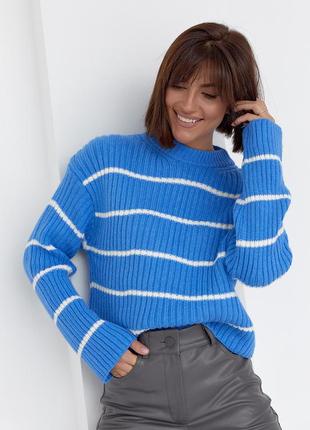 Жіночий в'язаний светр оверсайз у смужку — синій колір, l (є розміри)