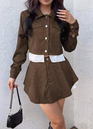 Жіночий костюм з юбкою шортами вельветовий чорний сірий коричневий