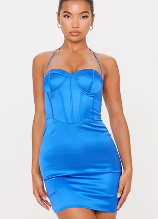 Голубое облегающее платье на бретелях и корсетом&nbsp;prettylittlething