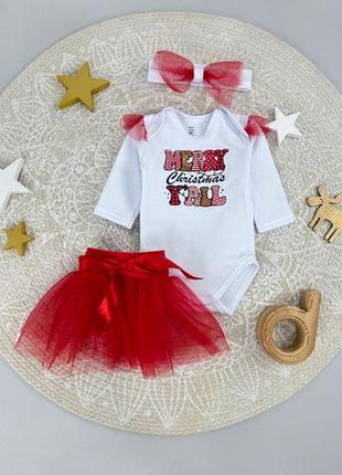 Святковий комплект для дівчинки 3в1 зі спідницею та пов'язкою , новорічний костюм , 62 - 86 см2 фото
