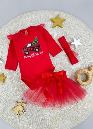 Святковий комплект для дівчинки 3в1 зі спідницею та пов'язкою , новорічний костюм , 62 - 86 см6 фото